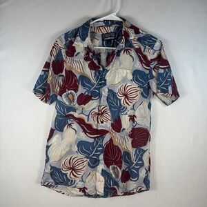 Patagonia Pataloha Mens Small Organic Cotton Tropical Leaf Aloha Shirt Blue Red